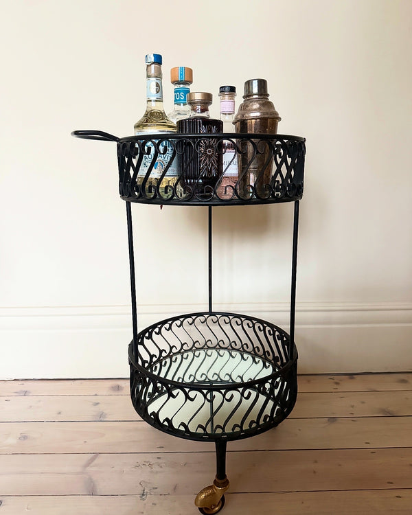 1950s French Metal and Mirrored glass cocktail cart.