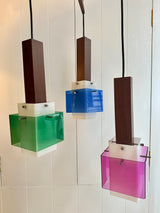 Rare Guzzini 1970s Wood and plexiglass tri-coloured pendant  light