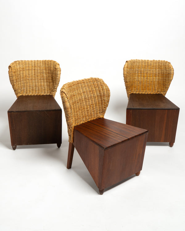 French 1950s Mahogany and woven rattan chairs