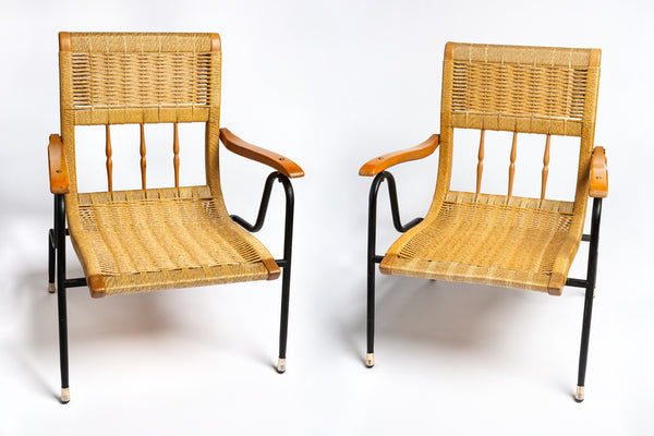 1950s Italian metal and rattan lounge chairs - one left